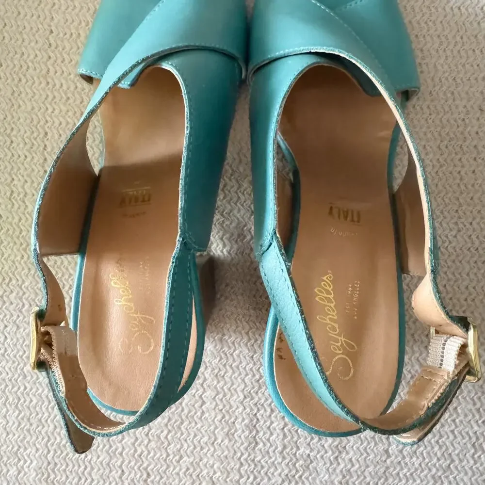 Seychelles Blue Criss Cross Strap Stack Heel Sandal